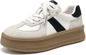 BEAU TODAY Women's Platform Fashion Sneakers, Classic Retro Trainers, Leather Casual Lace Up Skate Shoes, Comfortable Tennis Running Walking Shoes