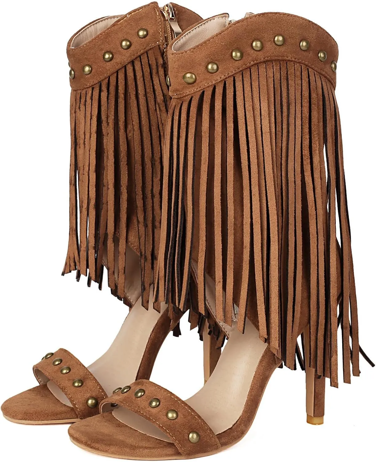 Betastella Womens Open Toe Stiletto High Heels Fringe Cowboy Sandals Vintage Studded Summer Ankle Cowgirl Boots Elegant Dress Shoes