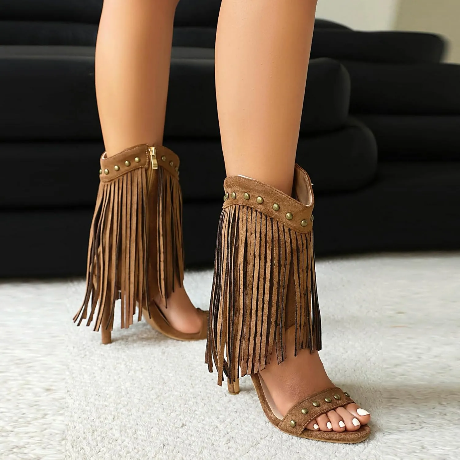Betastella Womens Open Toe Stiletto High Heels Fringe Cowboy Sandals Vintage Studded Summer Ankle Cowgirl Boots Elegant Dress Shoes