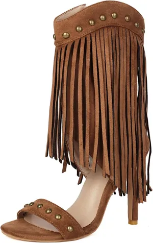 Betastella Womens Open Toe Stiletto High Heels Fringe Cowboy Sandals Vintage Studded Summer Ankle Cowgirl Boots Elegant Dress Shoes