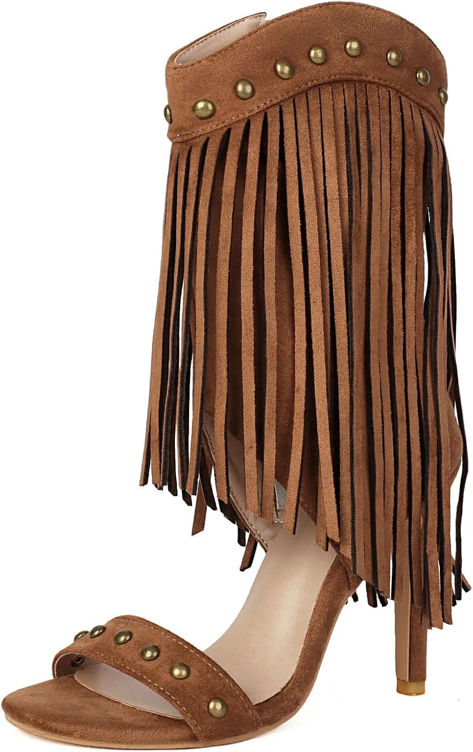 Betastella Womens Open Toe Stiletto High Heels Fringe Cowboy Sandals Vintage Studded Summer Ankle Cowgirl Boots Elegant Dress Shoes