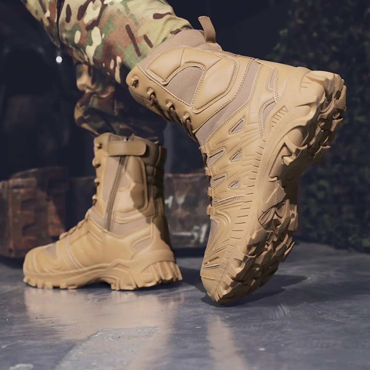 Bitiger Men's Combat Boots with Side Zipper Velcro and Casual Outdoor Mountaineering Trekking Commando Tactical Boots