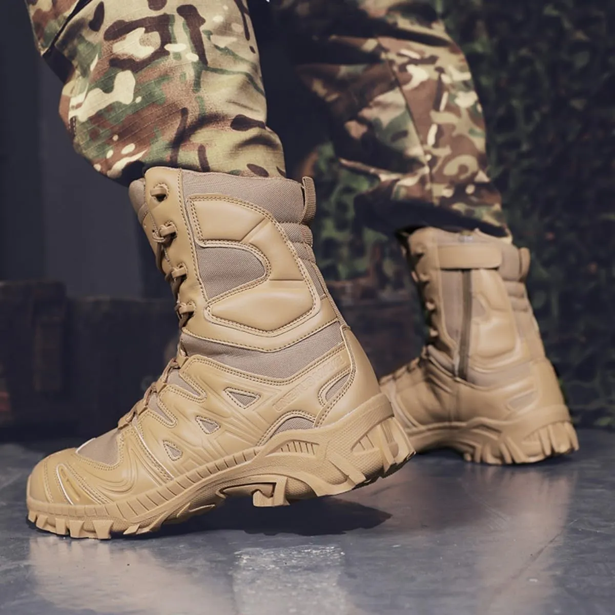 Bitiger Men's Combat Boots with Side Zipper Velcro and Casual Outdoor Mountaineering Trekking Commando Tactical Boots