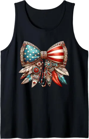 Boho Patriotic Feather Bow Shirt Cute USA Rustic 4th July Tank Top