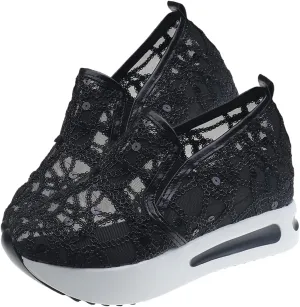 Breathable Mesh Floral Sneakers – Slip-On Platform Wedge Shoes with Arch Support for Walking & Work