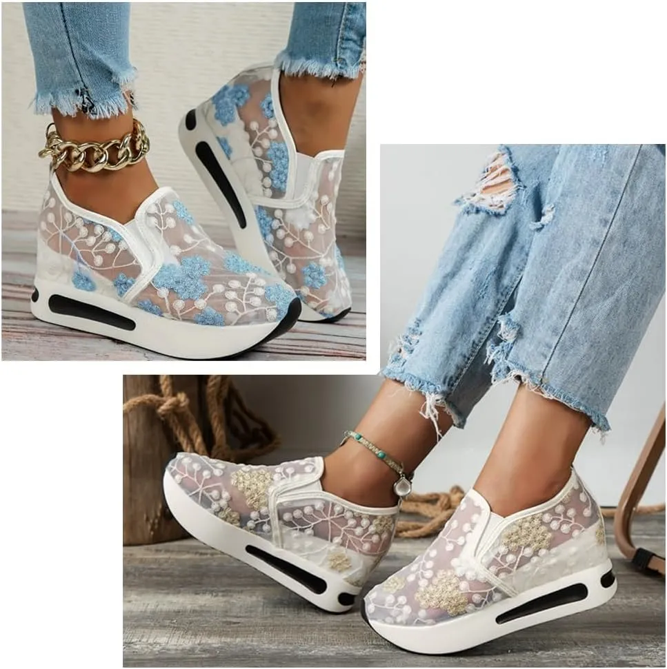 Breathable Mesh Floral Sneakers – Slip-On Platform Wedge Shoes with Arch Support for Walking & Work