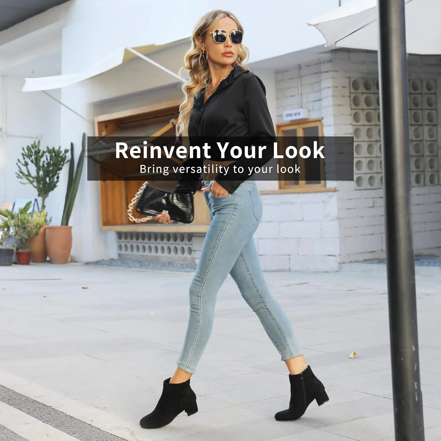 CAMSSOO Women's Fashion Short Gogo Ankle Boots Suede Boots Low Mid Block Heel Boots Side Zipper Booties Shoes