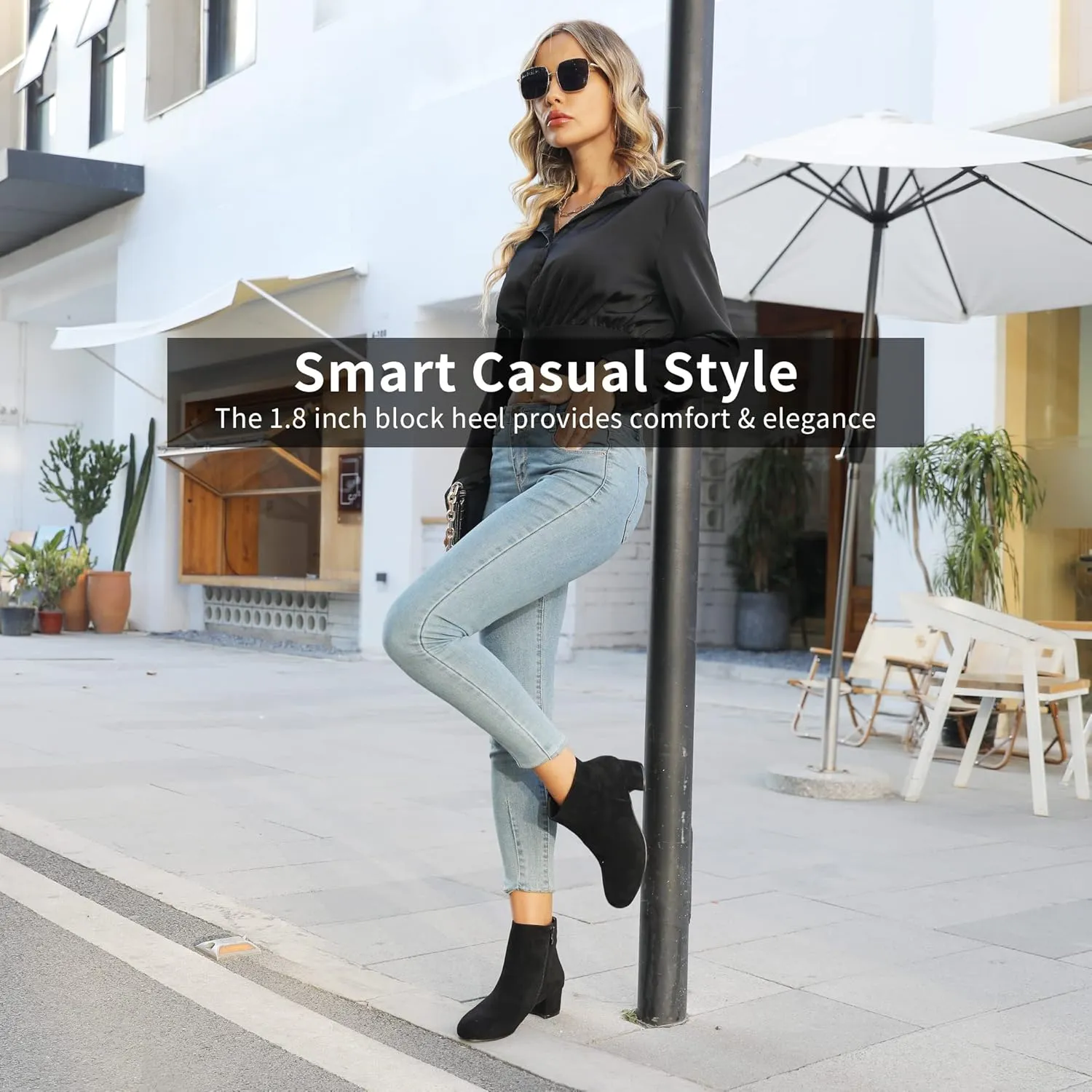 CAMSSOO Women's Fashion Short Gogo Ankle Boots Suede Boots Low Mid Block Heel Boots Side Zipper Booties Shoes