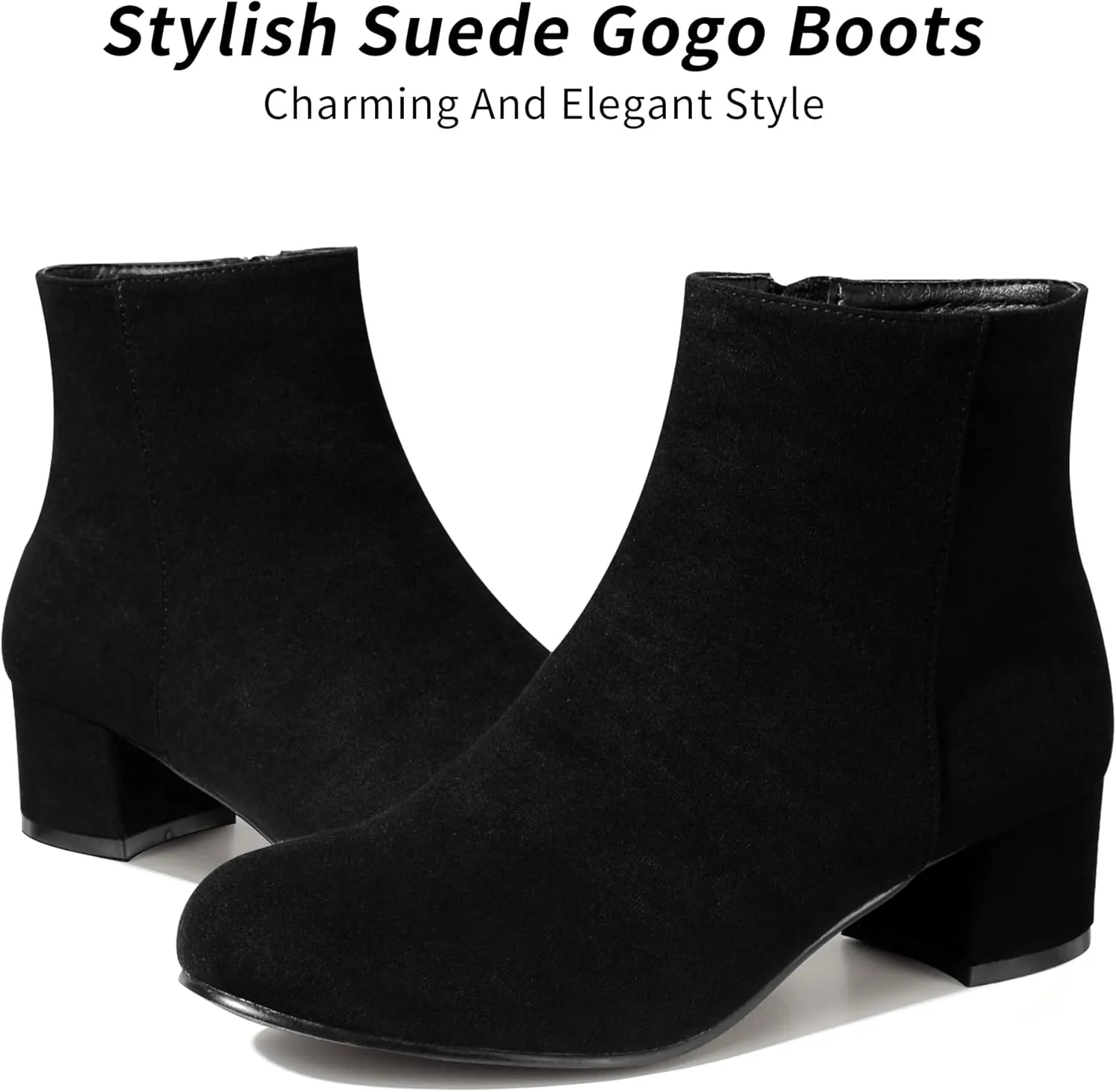 CAMSSOO Women's Fashion Short Gogo Ankle Boots Suede Boots Low Mid Block Heel Boots Side Zipper Booties Shoes