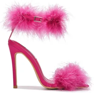 Cape Robbin Women's Open Toe Ankle Strap Fluffy Feather Stiletto High Heel Sandal