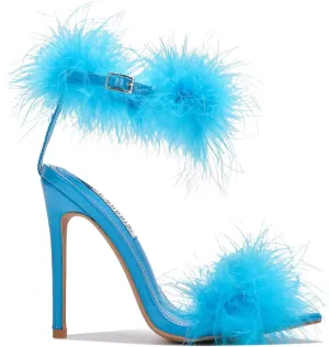 Cape Robbin Women's Open Toe Ankle Strap Fluffy Feather Stiletto High Heel Sandal