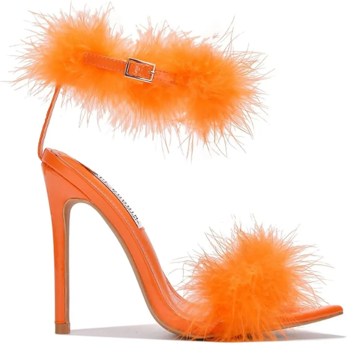 Cape Robbin Women's Open Toe Ankle Strap Fluffy Feather Stiletto High Heel Sandal