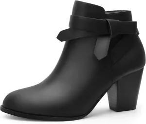 Carcuume Ankle Boots for Women,Ankle Tie Knot,Side Zipper,Round Toe,Chunky Heels,Boots for Women,ABI2023-BLACK-7