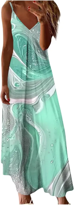 Casual Maxi Skirts for Women Summer Flower Prints A-line Long Dress Comfy Straps V Neck Dresses Daily Outdoor Wear