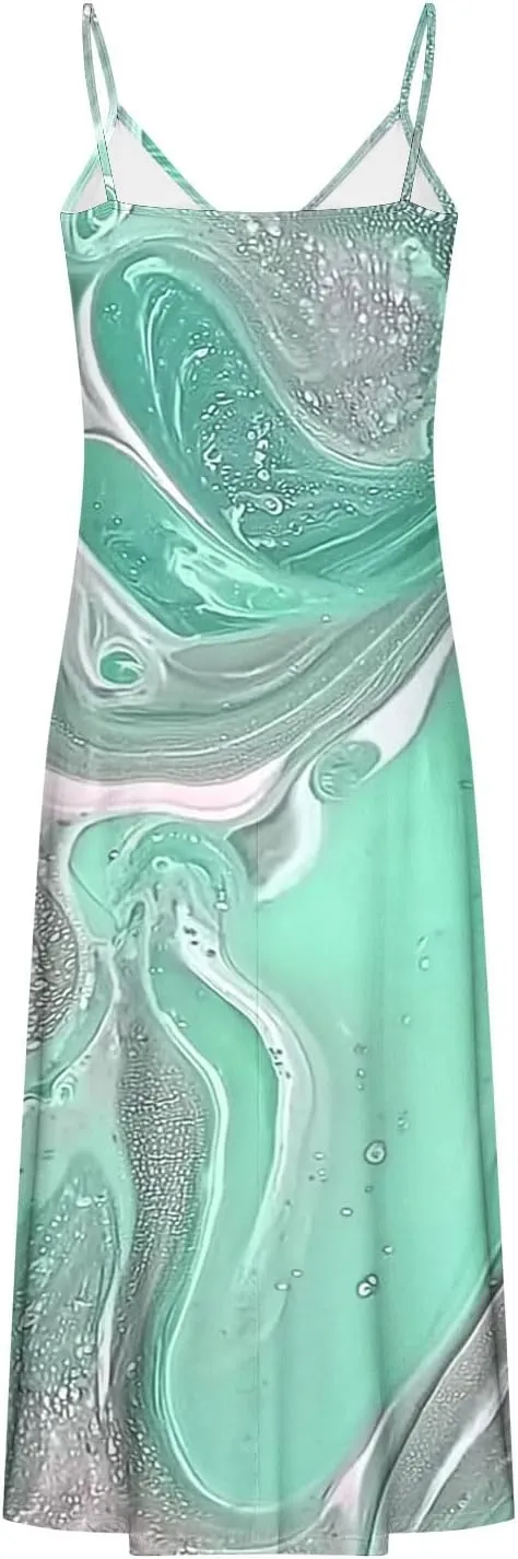 Casual Maxi Skirts for Women Summer Flower Prints A-line Long Dress Comfy Straps V Neck Dresses Daily Outdoor Wear