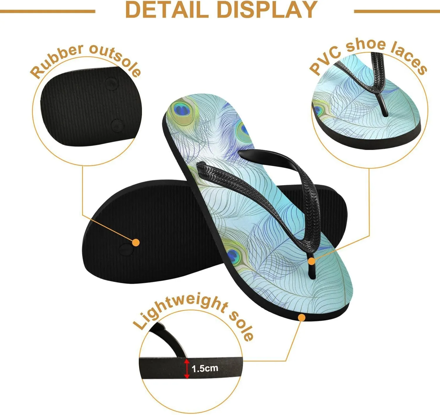 Casual Women's Slim Flip Flops - Colorful Peacock Feather Summer Thong Flat Sandals Rubber Slide Slippers Shower Shoes