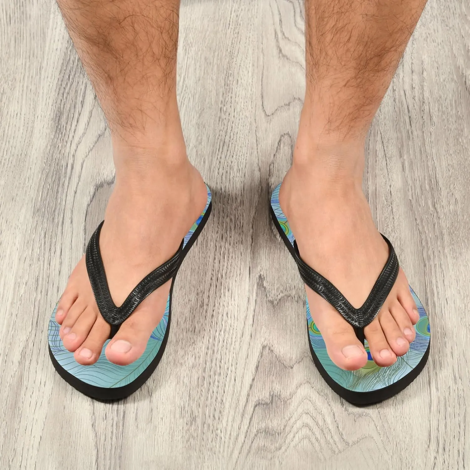 Casual Women's Slim Flip Flops - Colorful Peacock Feather Summer Thong Flat Sandals Rubber Slide Slippers Shower Shoes