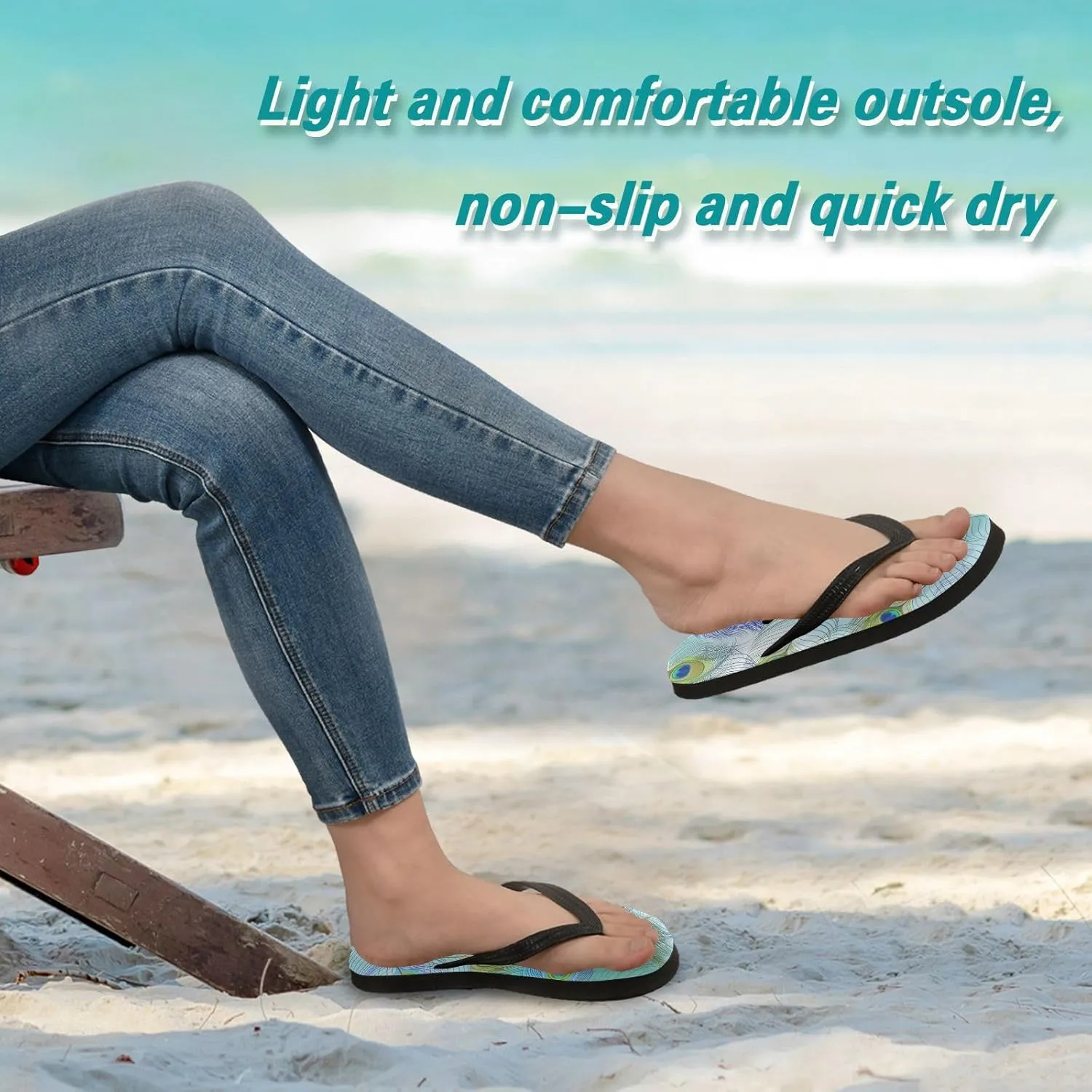 Casual Women's Slim Flip Flops - Colorful Peacock Feather Summer Thong Flat Sandals Rubber Slide Slippers Shower Shoes