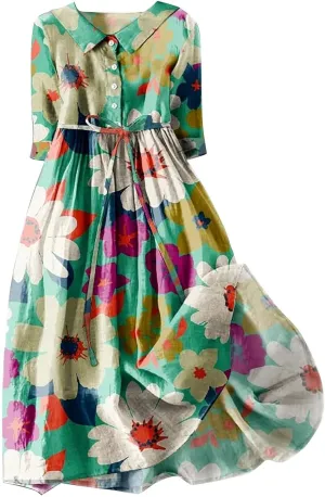 Ceboyel Women Bohemian Cotton Linen Dresses 3/4 Sleeve Maxi Long Dress Plain Classic Dresses Trendy Boho Dresses with Belt