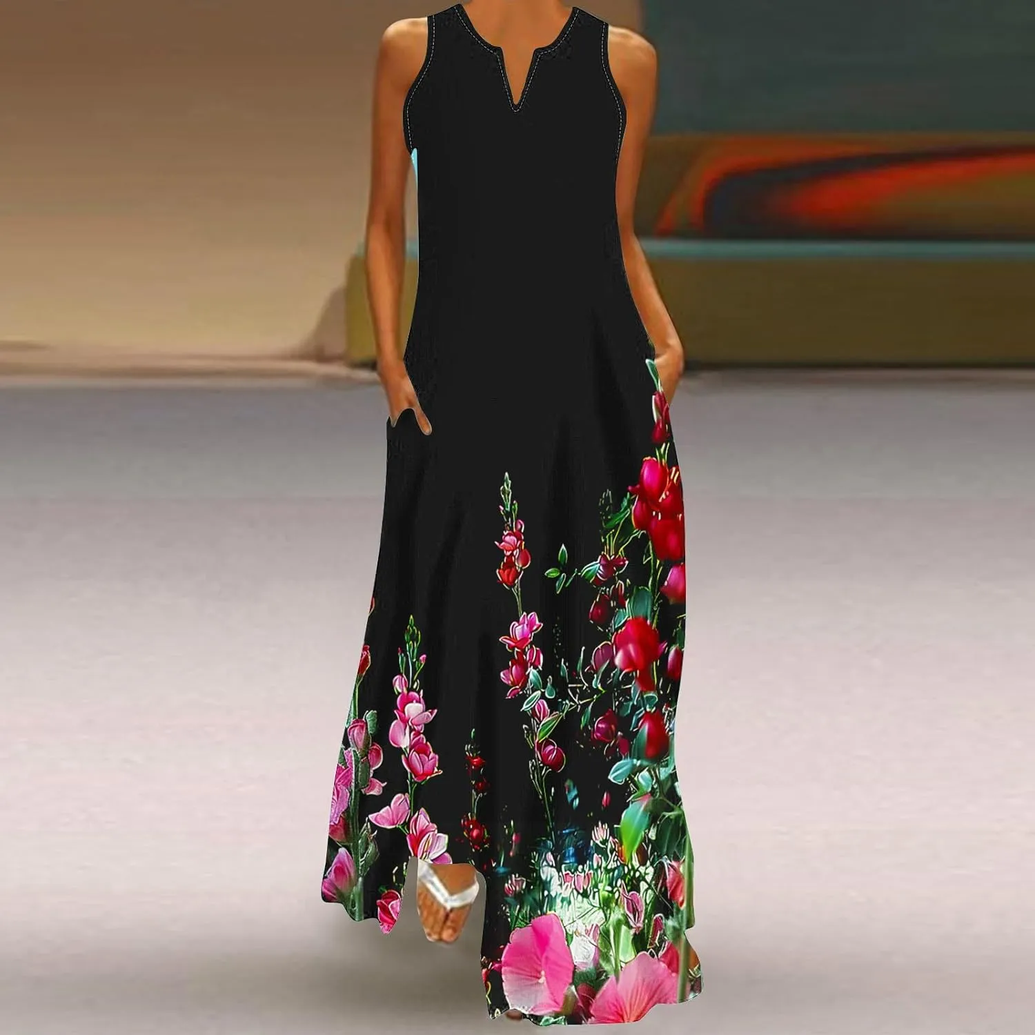 Ceboyel Women Floral Summer Dresses 2024 Sleeveless Casual Maxi Dress Long Flowy Sundresses Trendy Beach Vacation Clothes