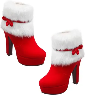 Christmas Theme Plush Ankle Boots for Women Stylish Short High Heel Platform Booties Design Comfortable Winter Footwear for Holiday Parties