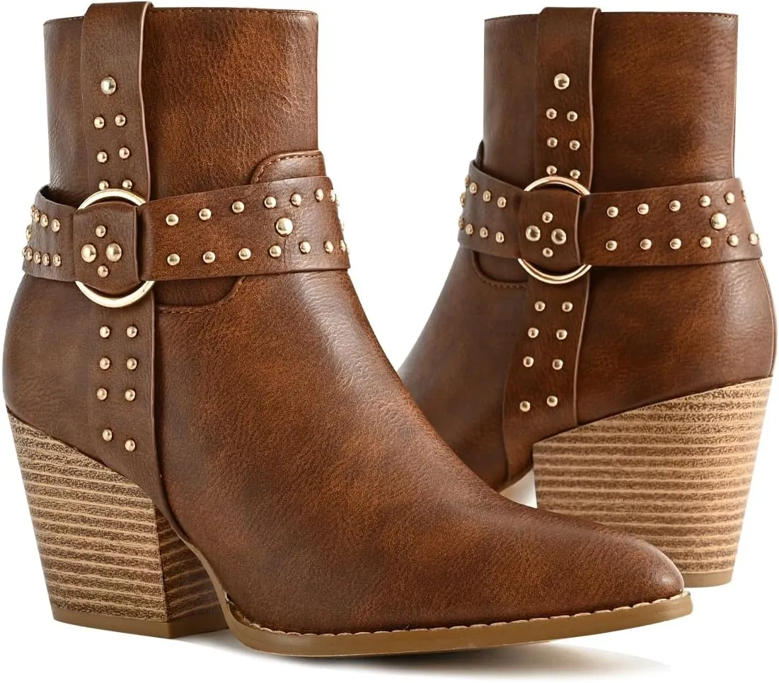 Chunky Stacked Heel Ankle Boots for Women Pointed Toe Chelsea Combat Boots Mid Calf Side Zipper Silver Studded Strap Heeled Booties Fall Dress Shoes