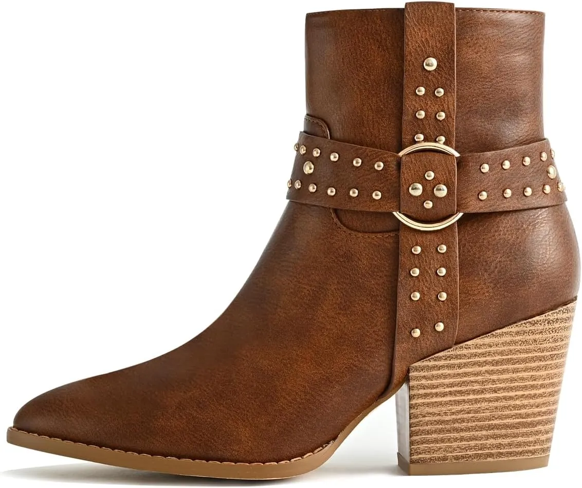 Chunky Stacked Heel Ankle Boots for Women Pointed Toe Chelsea Combat Boots Mid Calf Side Zipper Silver Studded Strap Heeled Booties Fall Dress Shoes