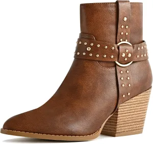Chunky Stacked Heel Ankle Boots for Women Pointed Toe Chelsea Combat Boots Mid Calf Side Zipper Silver Studded Strap Heeled Booties Fall Dress Shoes
