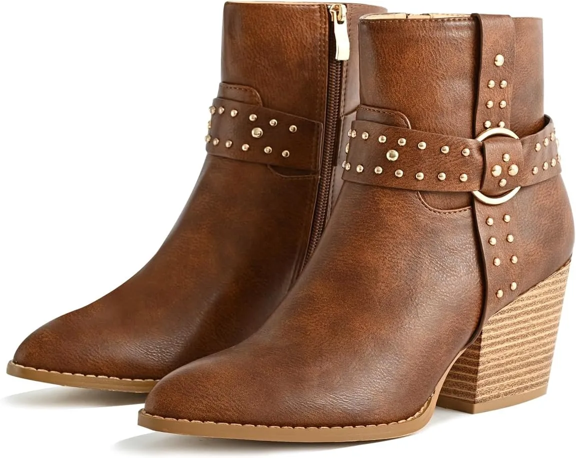 Chunky Stacked Heel Ankle Boots for Women Pointed Toe Chelsea Combat Boots Mid Calf Side Zipper Silver Studded Strap Heeled Booties Fall Dress Shoes