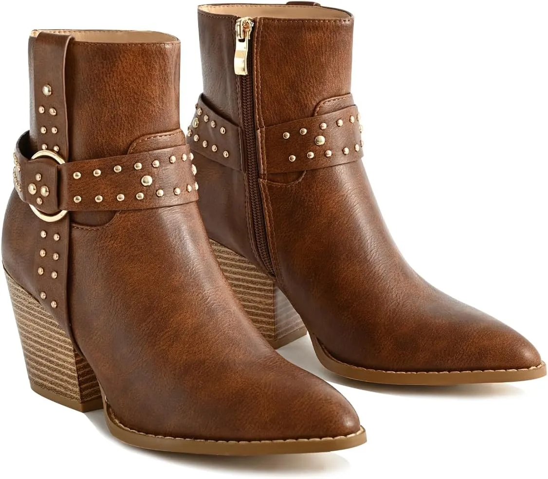 Chunky Stacked Heel Ankle Boots for Women Pointed Toe Chelsea Combat Boots Mid Calf Side Zipper Silver Studded Strap Heeled Booties Fall Dress Shoes