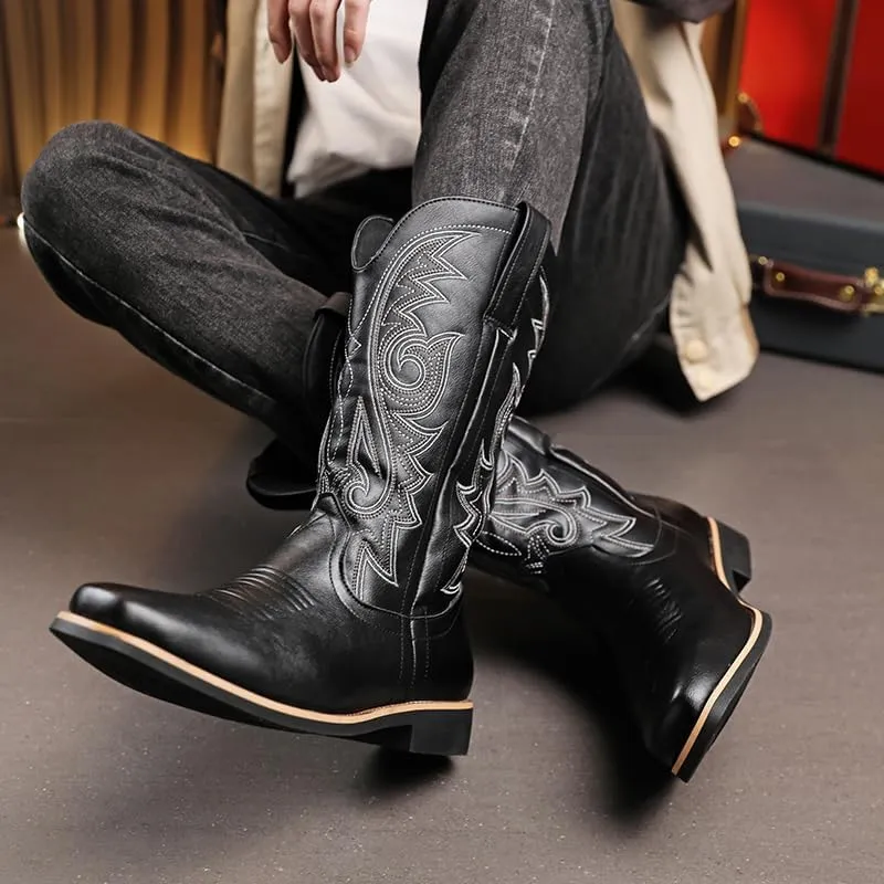 CHUUMEE Cowboy Boots for Men Square Toe Fashion Work Boots Embroidered Leather Western Boots Traditional Country Boot for Male