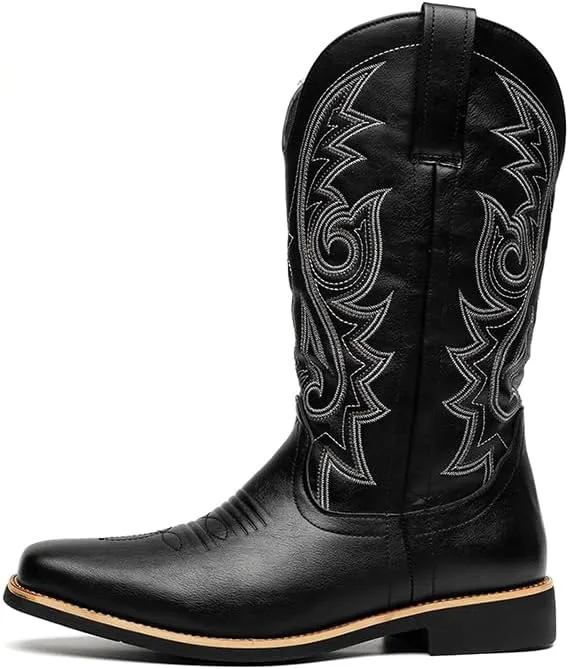 CHUUMEE Cowboy Boots for Men Square Toe Fashion Work Boots Embroidered Leather Western Boots Traditional Country Boot for Male