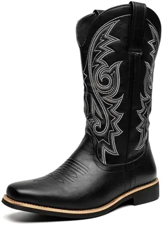 CHUUMEE Cowboy Boots for Men Square Toe Fashion Work Boots Embroidered Leather Western Boots Traditional Country Boot for Male