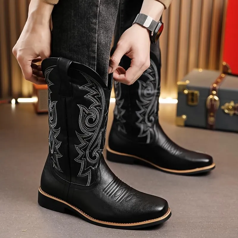 CHUUMEE Cowboy Boots for Men Square Toe Fashion Work Boots Embroidered Leather Western Boots Traditional Country Boot for Male