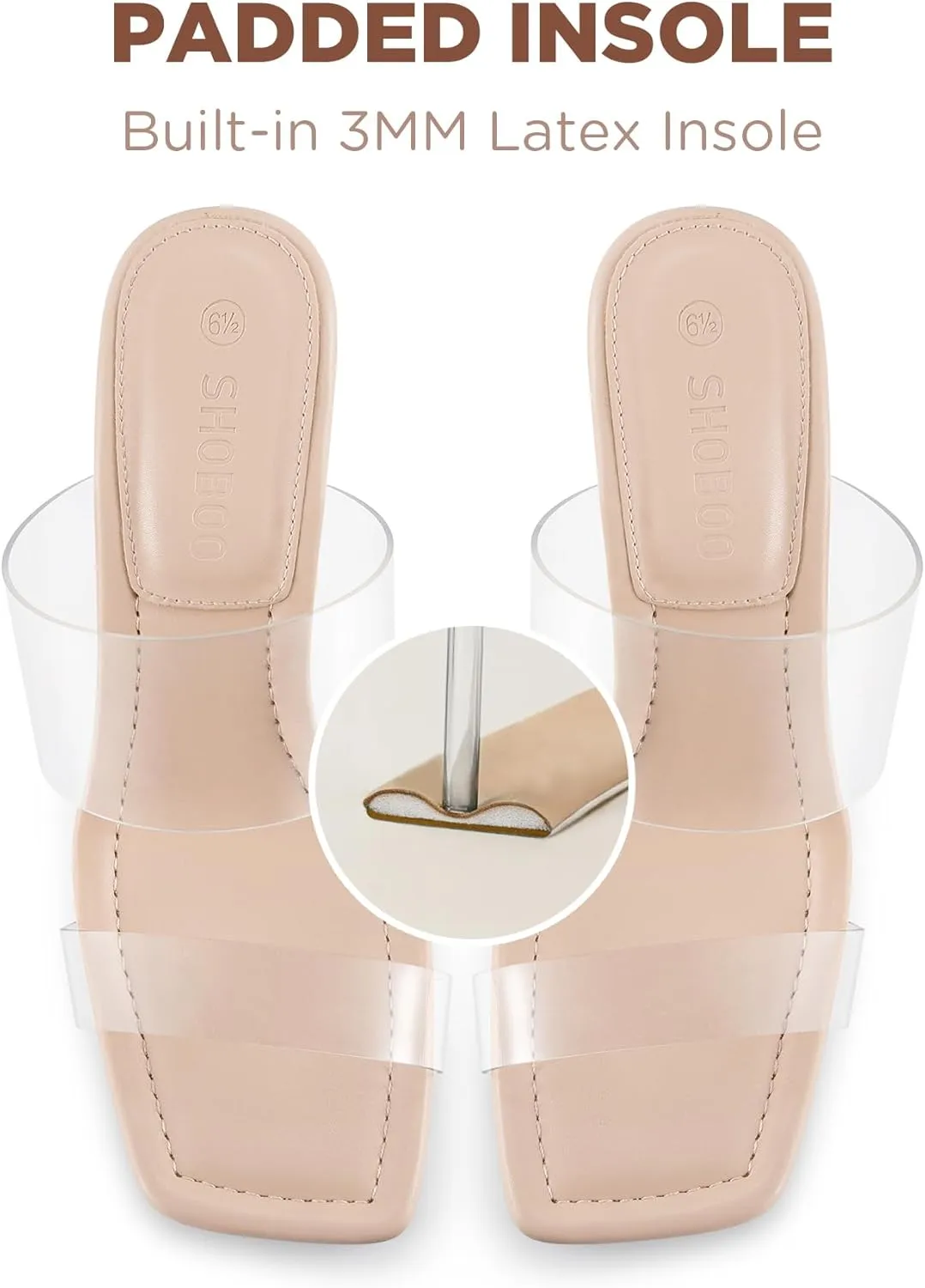 Clear Heels Mules Sandals for Women Transparent Two Strap Square Toe Backless Block Heel Slip on Pump Shoes