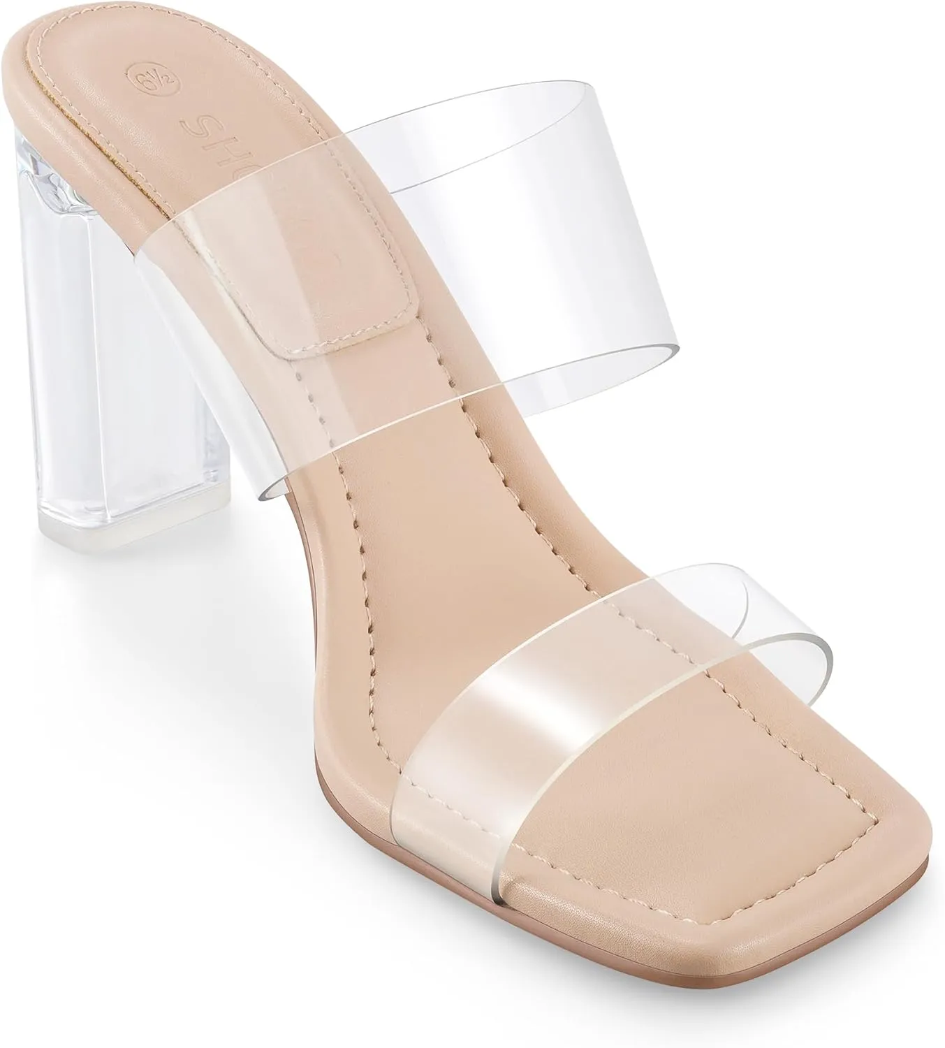 Clear Heels Mules Sandals for Women Transparent Two Strap Square Toe Backless Block Heel Slip on Pump Shoes