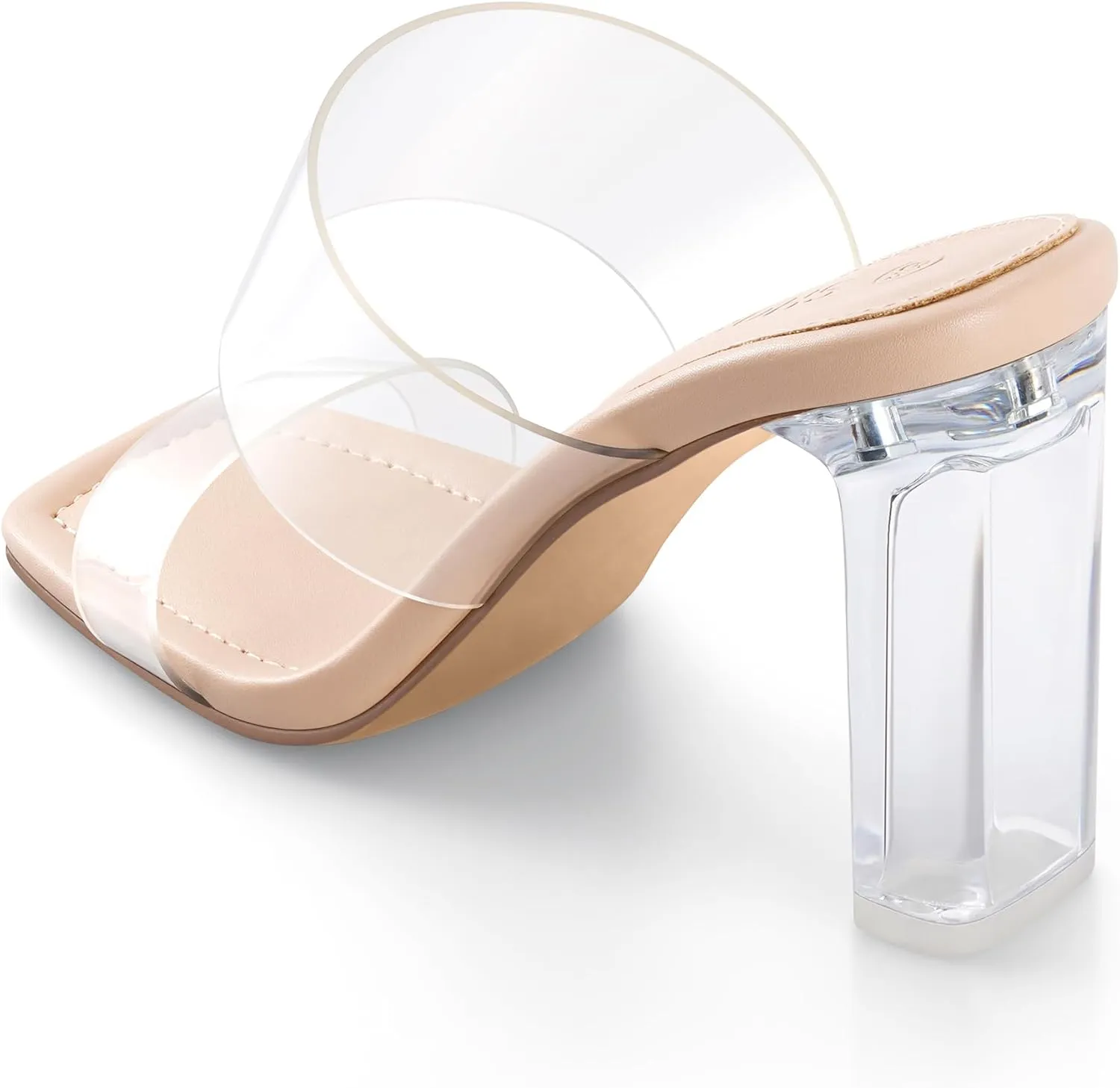 Clear Heels Mules Sandals for Women Transparent Two Strap Square Toe Backless Block Heel Slip on Pump Shoes