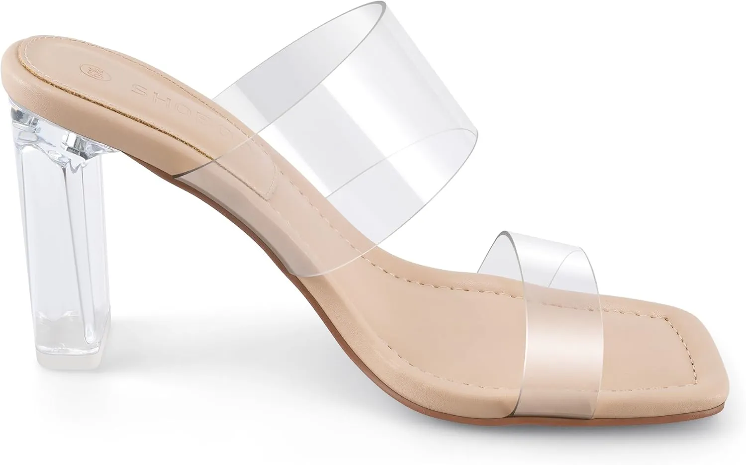 Clear Heels Mules Sandals for Women Transparent Two Strap Square Toe Backless Block Heel Slip on Pump Shoes