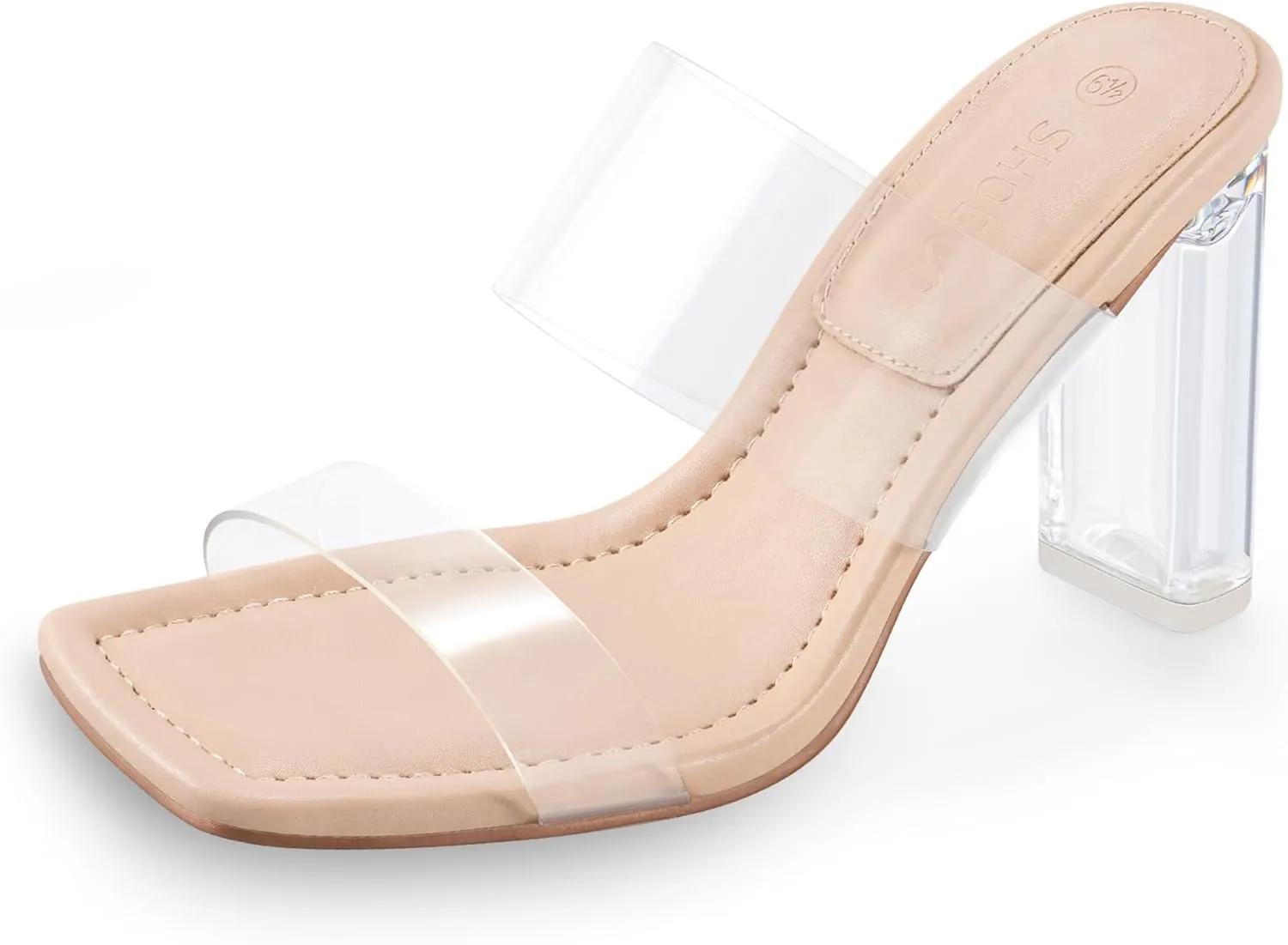 Clear Heels Mules Sandals for Women Transparent Two Strap Square Toe Backless Block Heel Slip on Pump Shoes