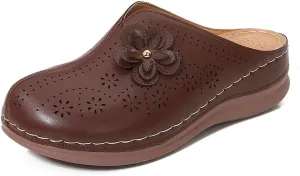 Clogs for Women Slip on Mules with Floret Closed Toe Sandals, Summer Shoes, Comfortable Walking Wedge Clogs (Brown,8.5)