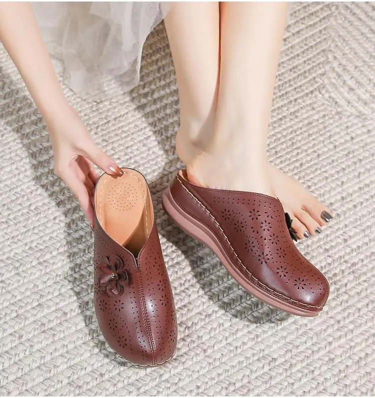 Clogs for Women Slip on Mules with Floret Closed Toe Sandals, Summer Shoes, Comfortable Walking Wedge Clogs (Brown,8.5)