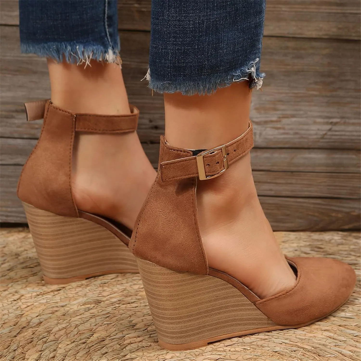 Closed Toe Wedges Heels for Women Dressy Platform Wedge Sandals Ankle Strap Heeled Espadrilles Sandals Ladies Comfortable Cork Summer Dress Shoes for Beach Wedding