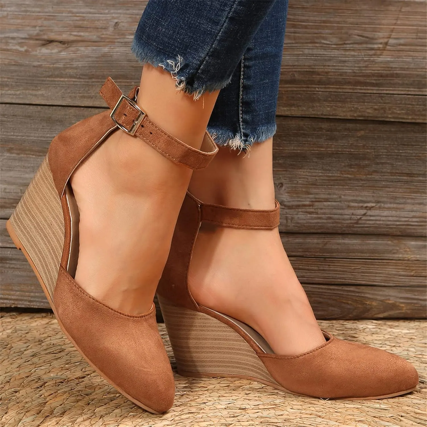 Closed Toe Wedges Heels for Women Dressy Platform Wedge Sandals Ankle Strap Heeled Espadrilles Sandals Ladies Comfortable Cork Summer Dress Shoes for Beach Wedding