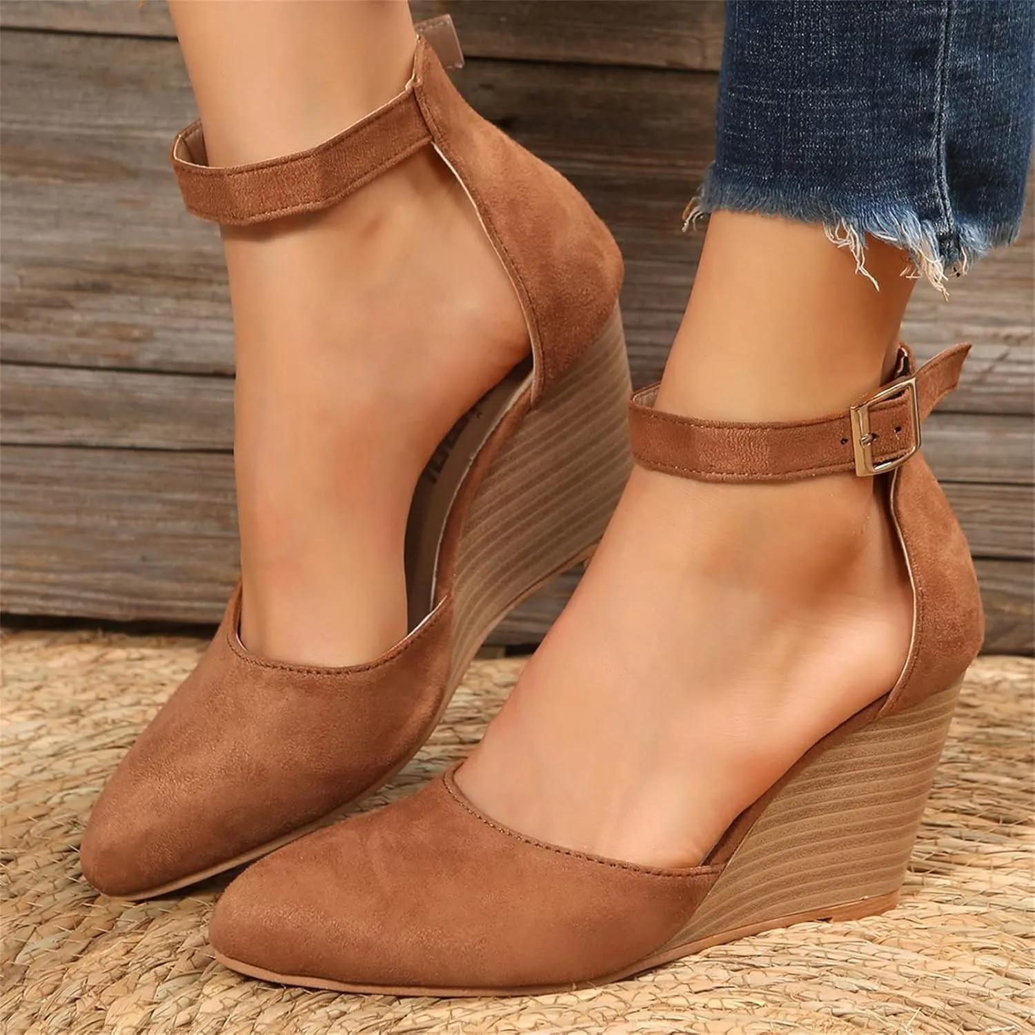Closed Toe Wedges Heels for Women Dressy Platform Wedge Sandals Ankle Strap Heeled Espadrilles Sandals Ladies Comfortable Cork Summer Dress Shoes for Beach Wedding