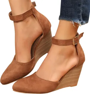 Closed Toe Wedges Heels for Women Dressy Platform Wedge Sandals Ankle Strap Heeled Espadrilles Sandals Ladies Comfortable Cork Summer Dress Shoes for Beach Wedding