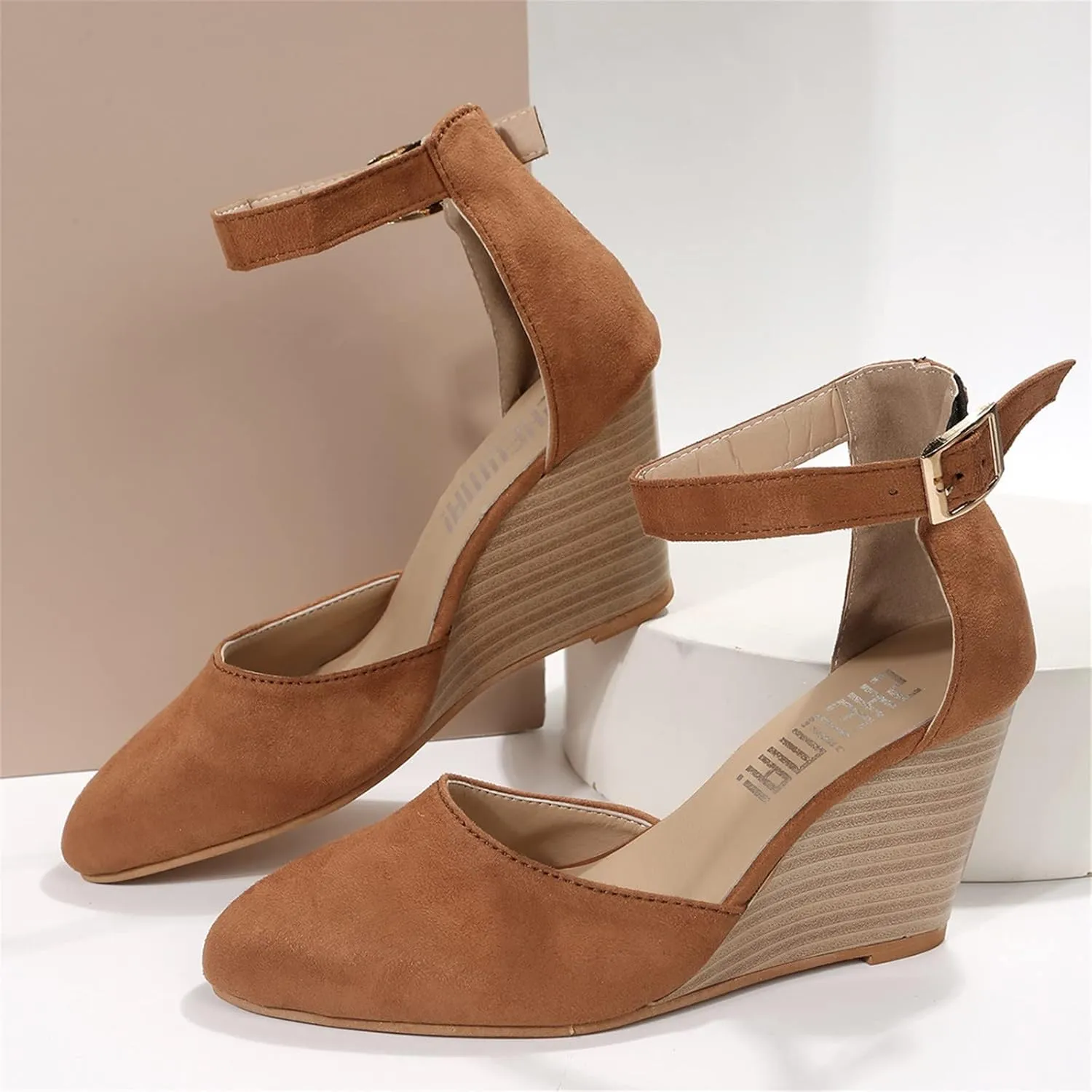 Closed Toe Wedges Heels for Women Dressy Platform Wedge Sandals Ankle Strap Heeled Espadrilles Sandals Ladies Comfortable Cork Summer Dress Shoes for Beach Wedding
