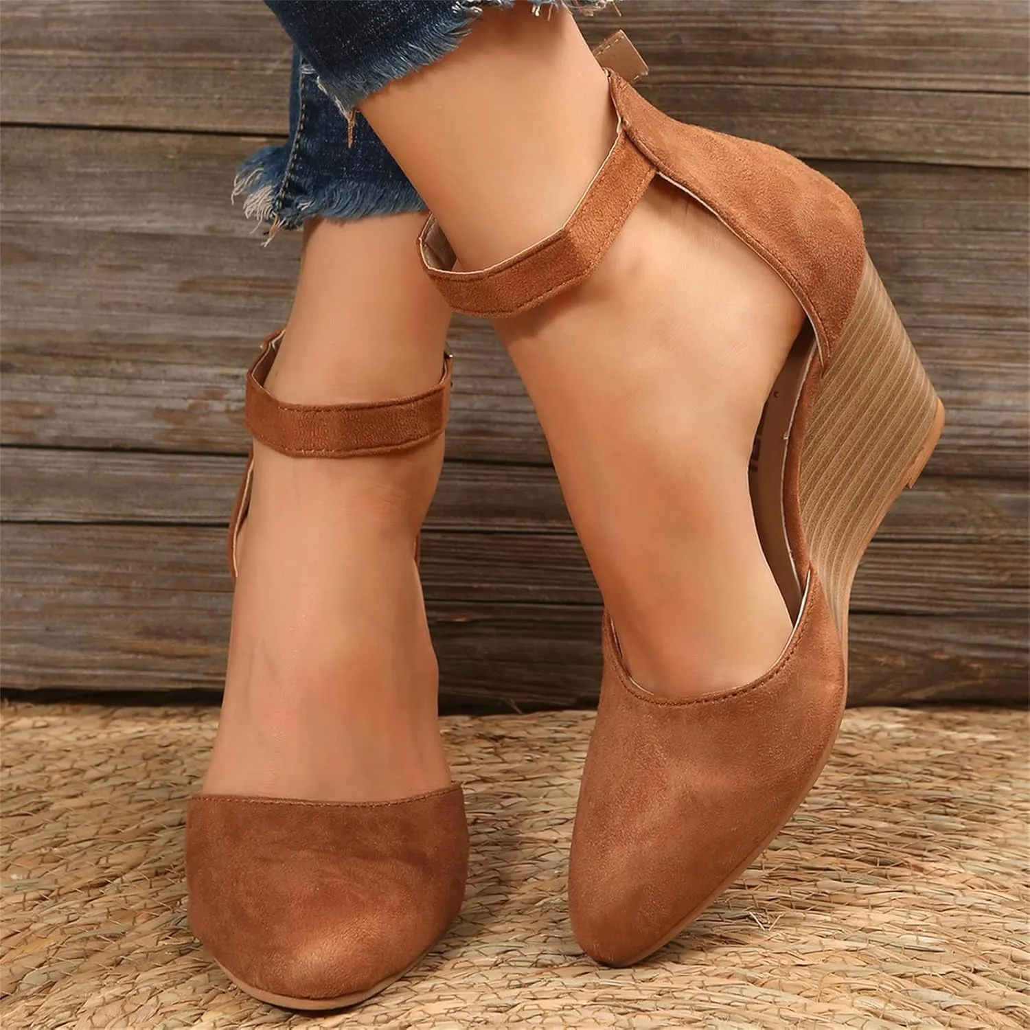 Closed Toe Wedges Heels for Women Dressy Platform Wedge Sandals Ankle Strap Heeled Espadrilles Sandals Ladies Comfortable Cork Summer Dress Shoes for Beach Wedding