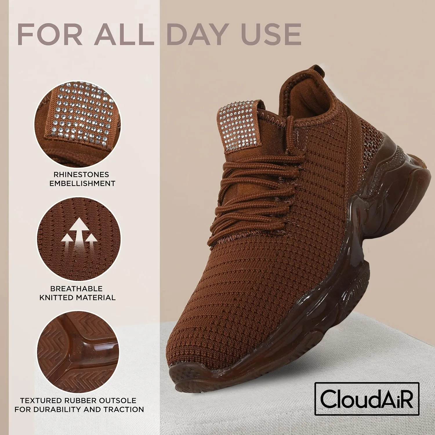 CLOUDAIR Vesta Women's Sneakers: Casual Running, Walking Arch Support Shoes, Lightweight Slip-On Sock Design, Non-Slip Work Shoes for Women, Comfortable Air Cushioned Platform Sneakers