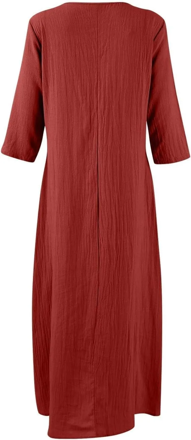 Cotton Linen Dresses for Women Casual Loose V Neck 3/4 Or Sleeveless Sundress,Summer Flowy Midi Beach Vacation Dress