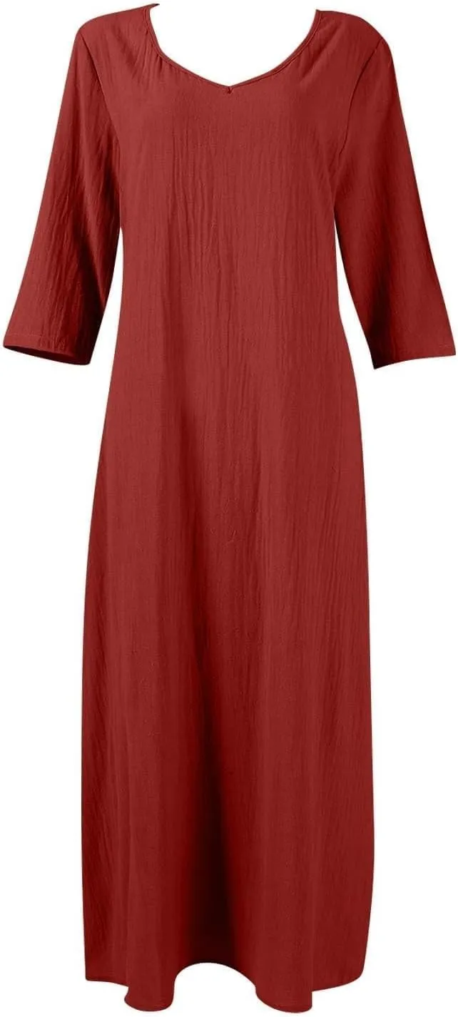 Cotton Linen Dresses for Women Casual Loose V Neck 3/4 Or Sleeveless Sundress,Summer Flowy Midi Beach Vacation Dress